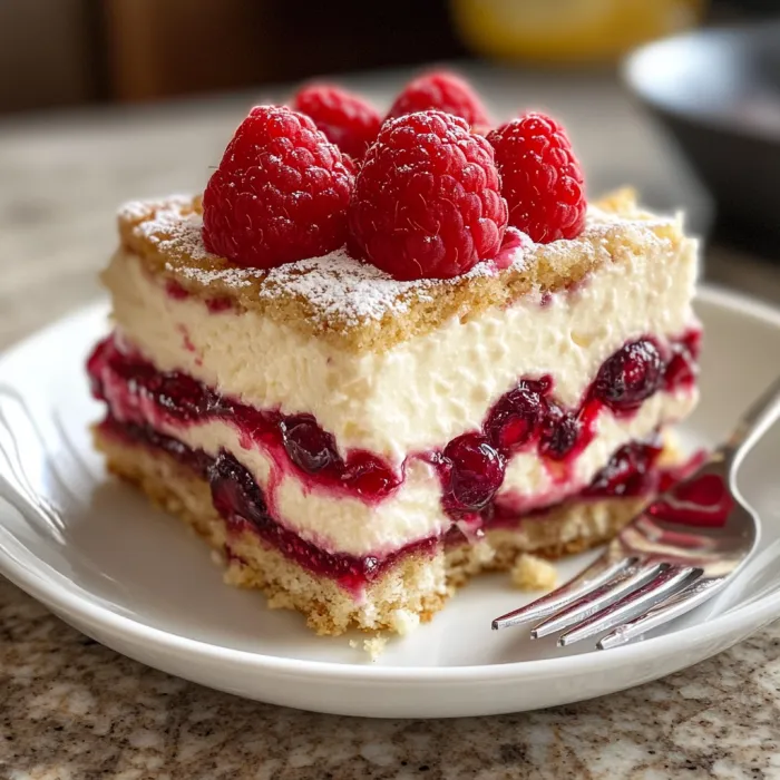 A slice of cake with raspberries on top.