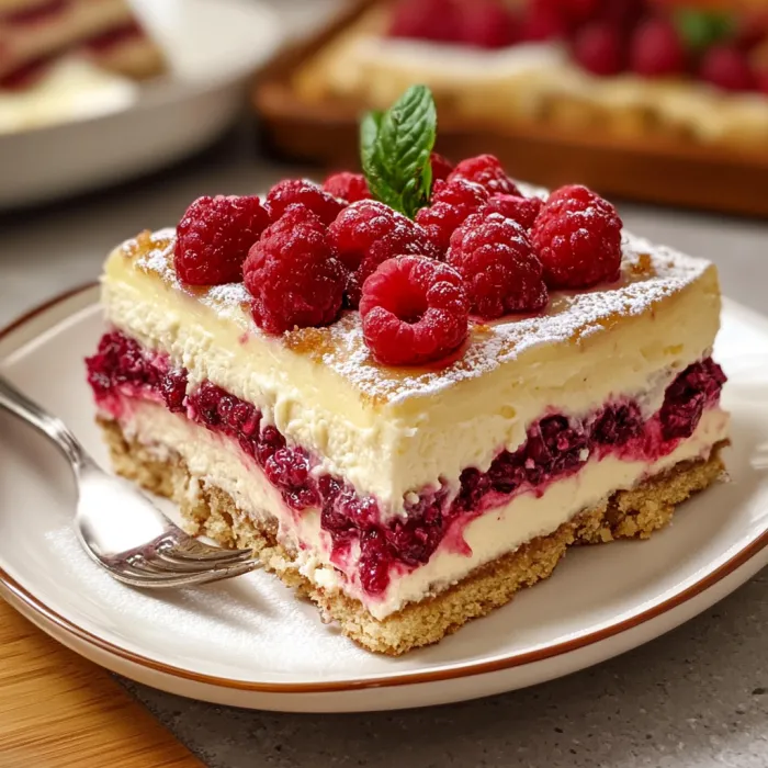 A slice of cake with raspberries on top.