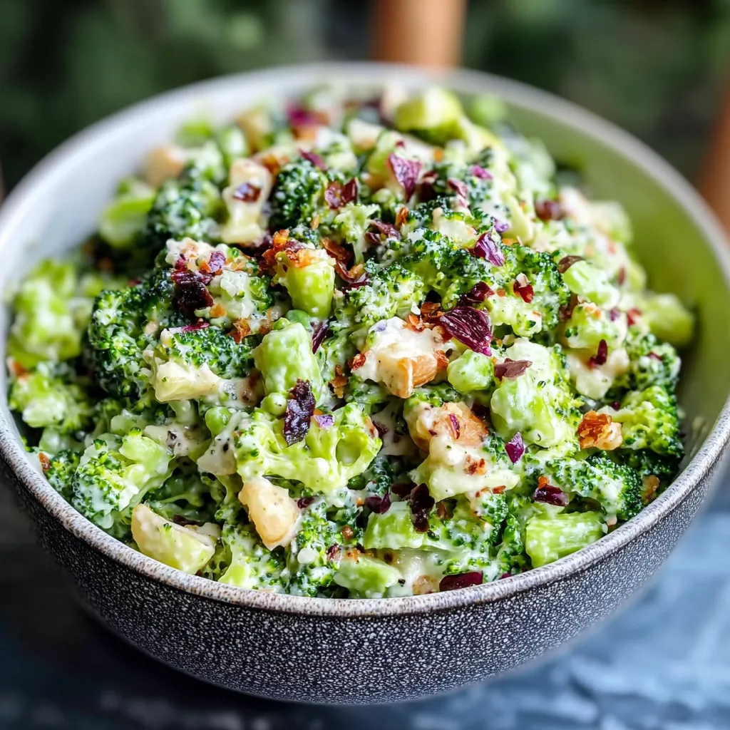A bowl of broccoli salad with cheese and nuts.