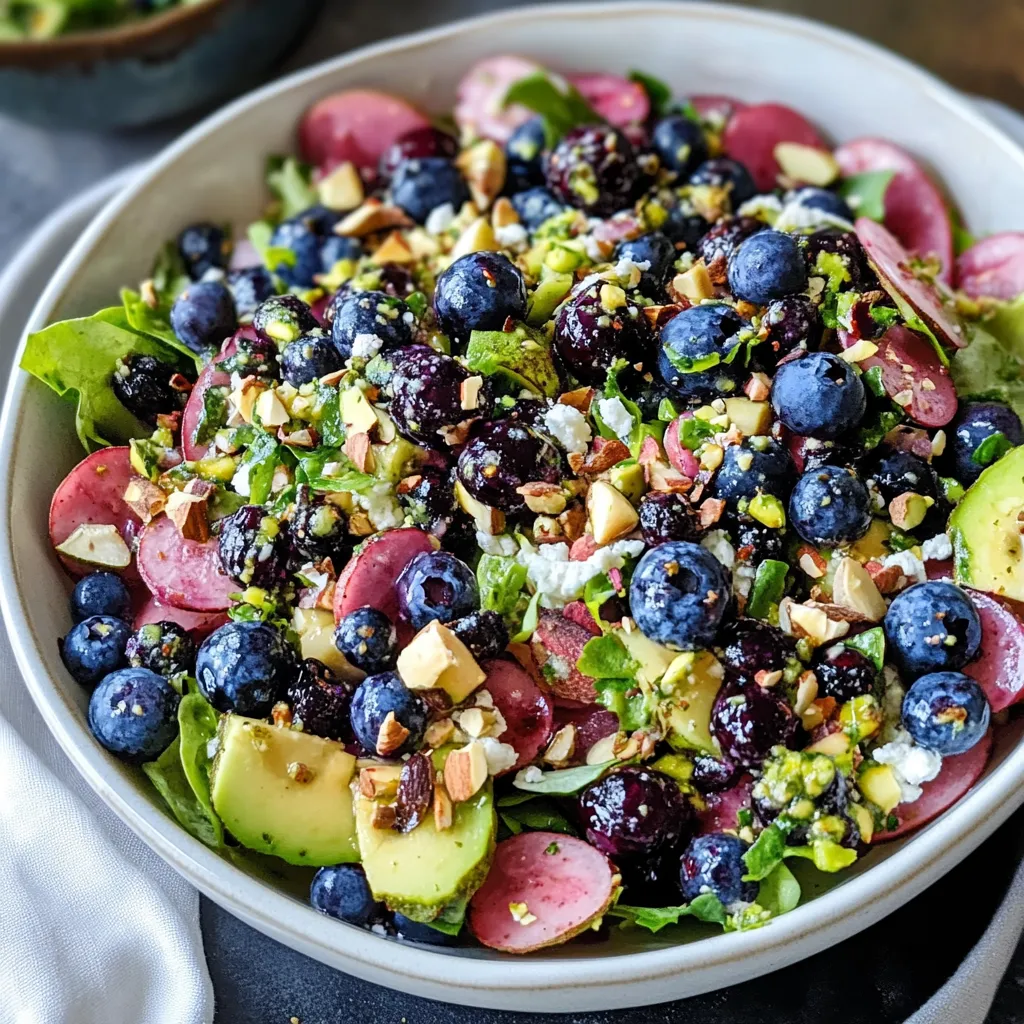 A bowl of blueberry pistachio spring salad.