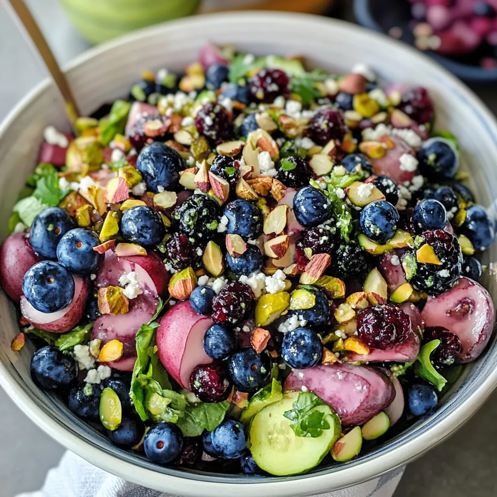 A bowl of a blueberry pistachio spring salad.