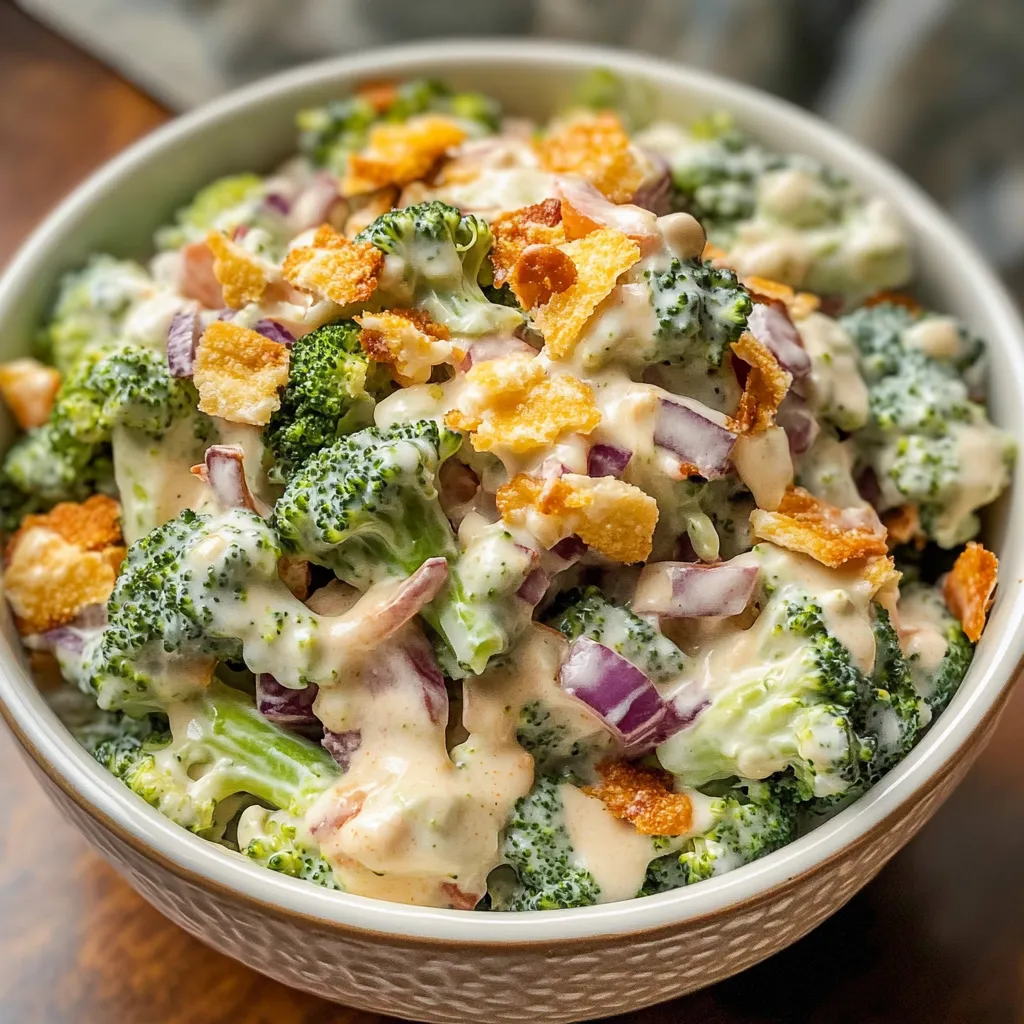 A bowl of Amish broccoli salad.