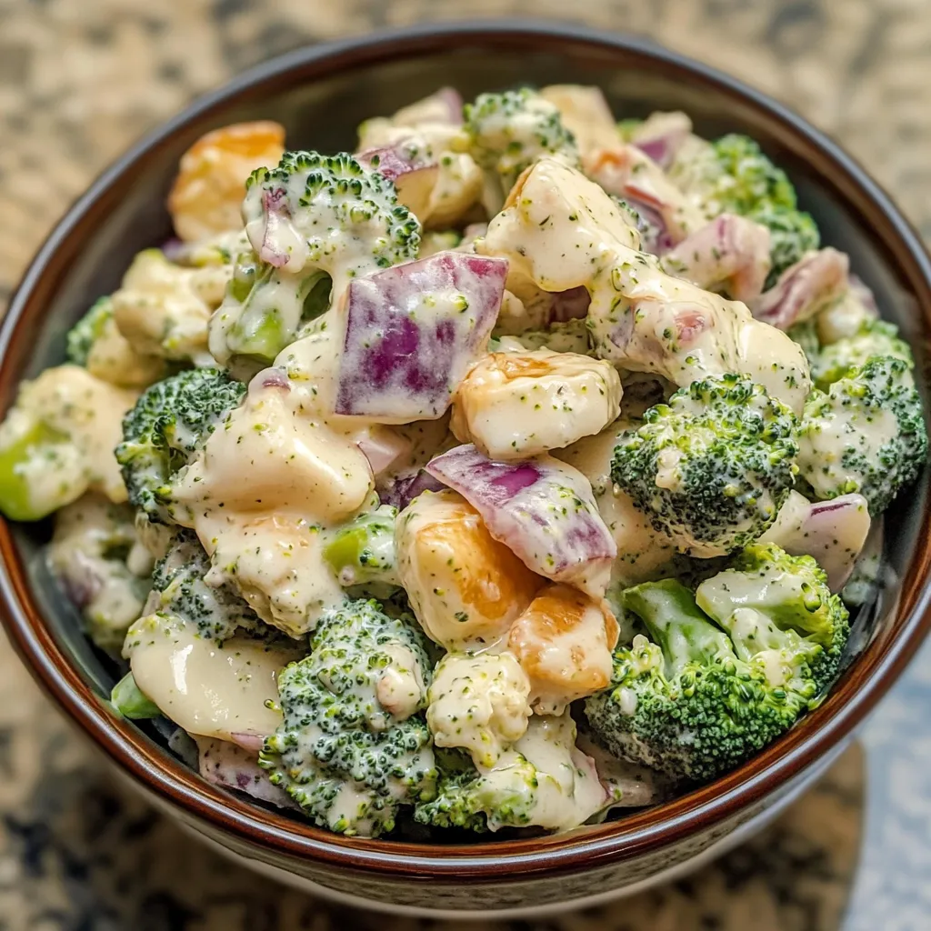 A bowl of Amish Broccoli Salad.