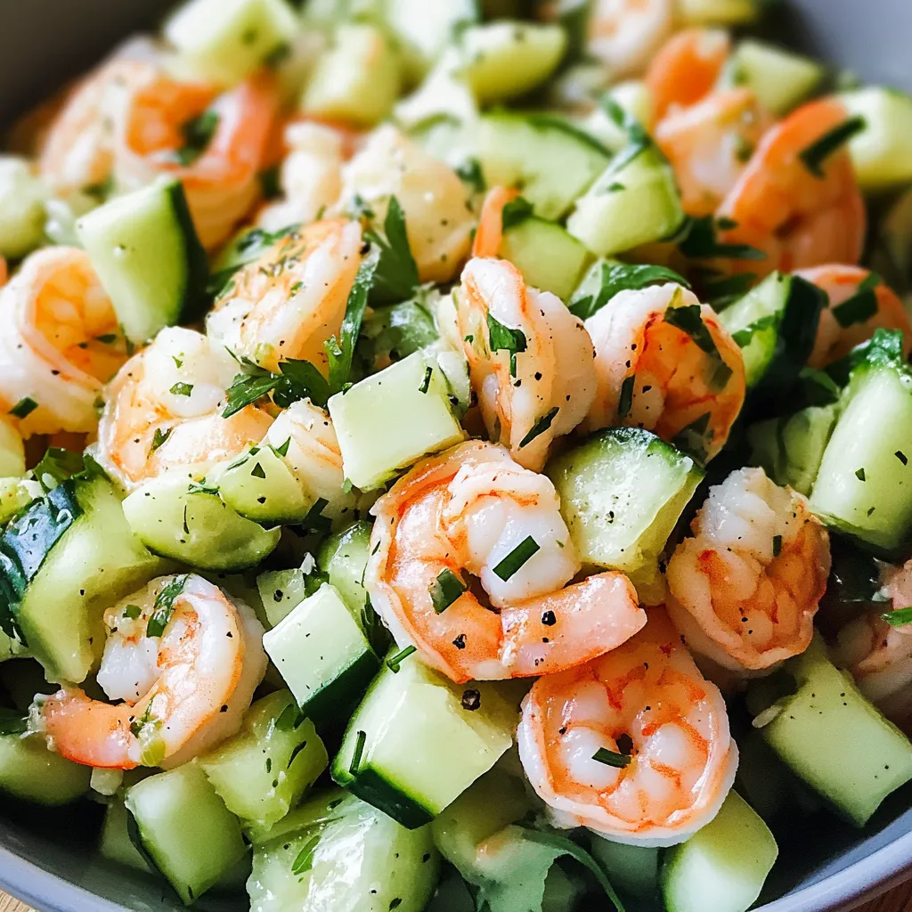 A bowl of cucumber shrimp salad.