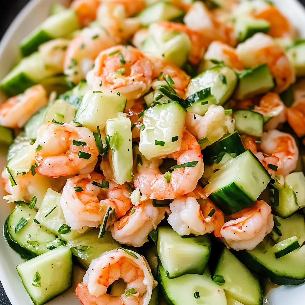 A bowl of cucumber shrimp salad.