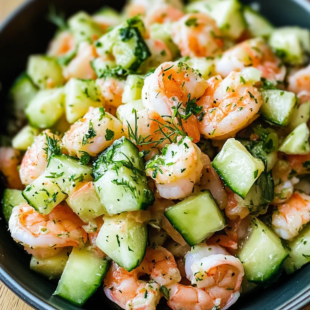 A bowl of cucumber shrimp salad.