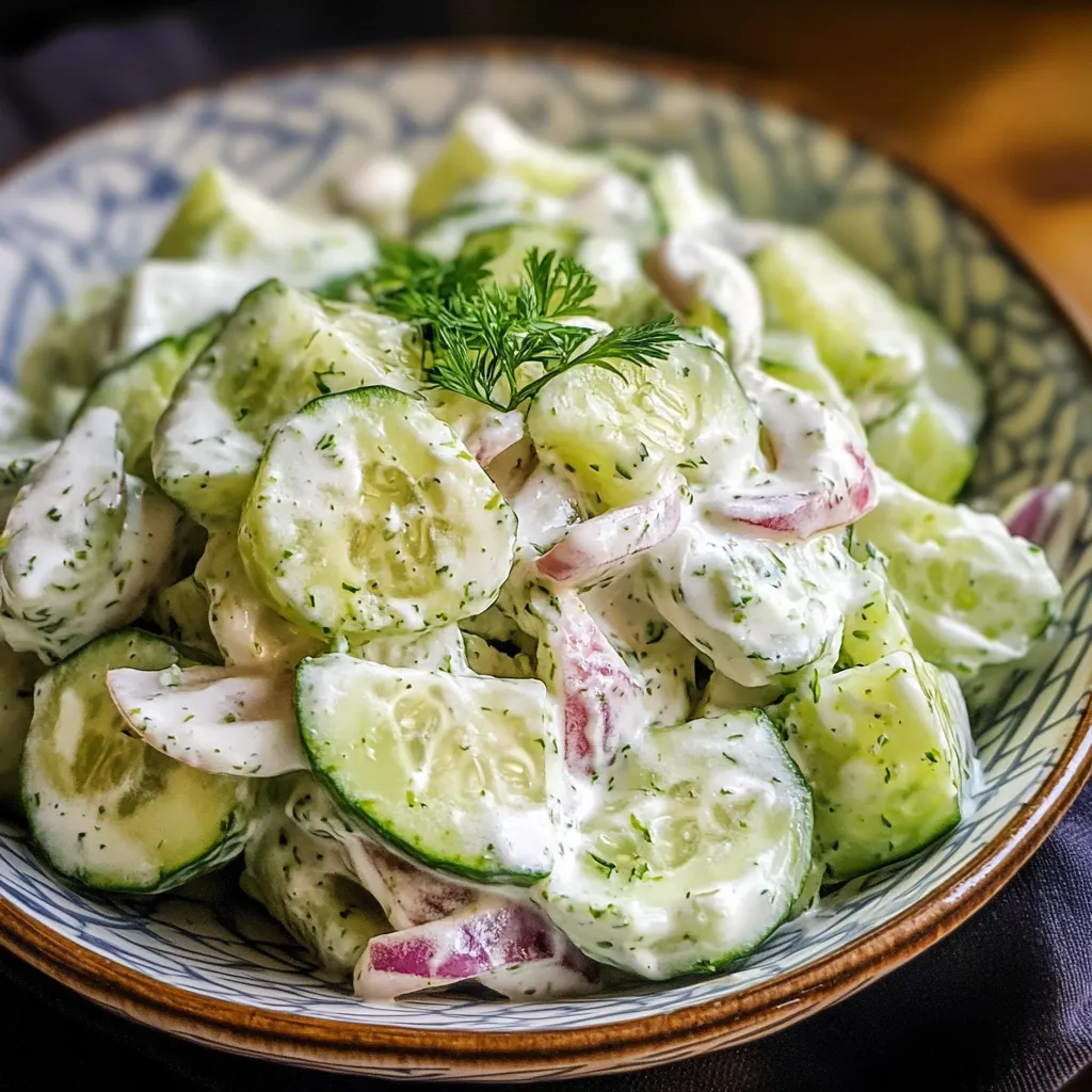 A bowl of cucumber salad with a green herb on top.
