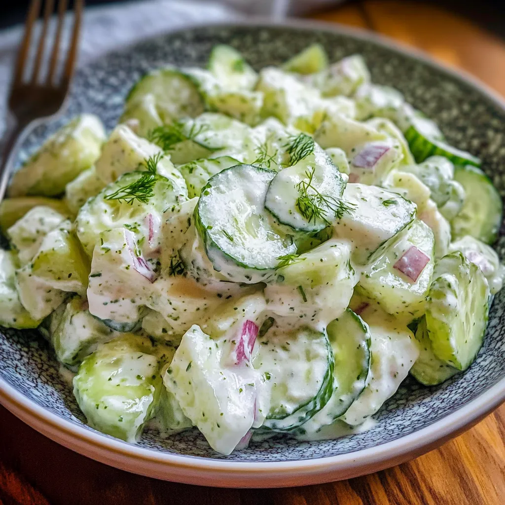A bowl of cucumber salad with a fork on the side.