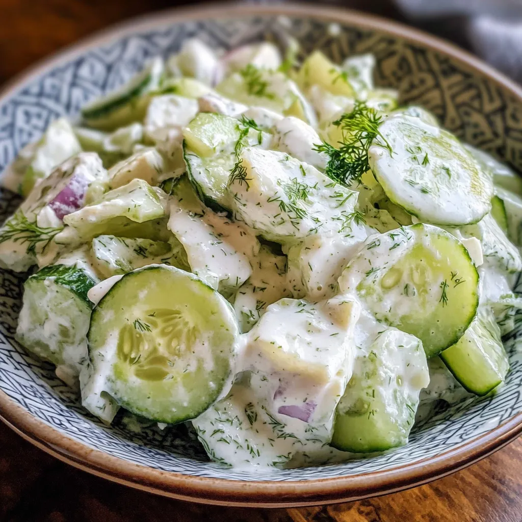 A bowl of cucumber salad with a white dressing.