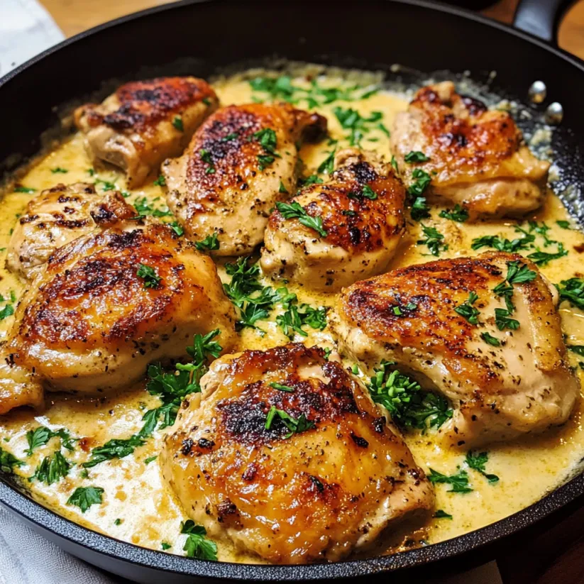 A skillet with chicken thighs cooking in a sauce.