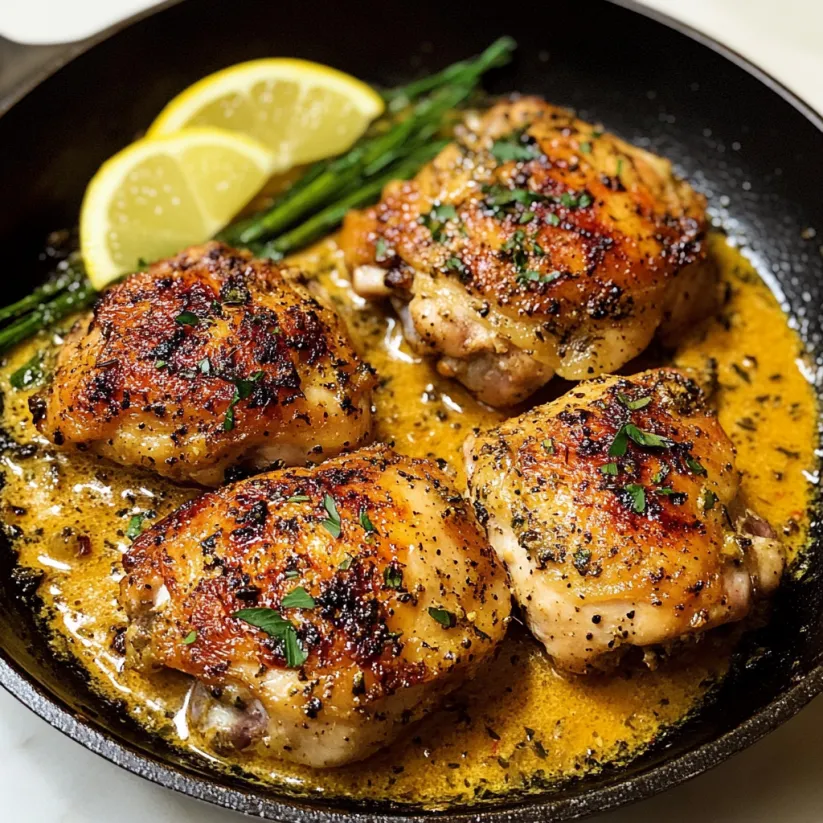 A skillet with chicken thighs and lemon wedges.