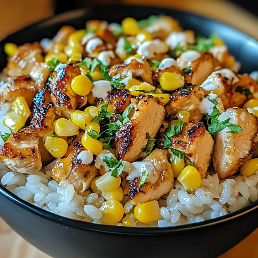 A bowl of chicken and rice with corn on the cob.