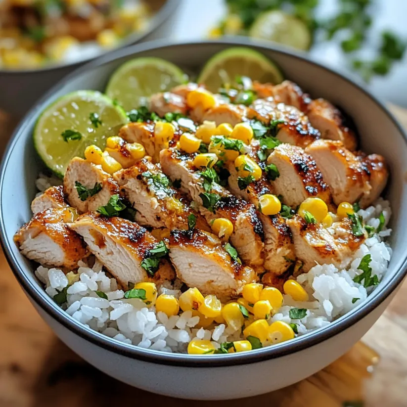 A bowl of rice and chicken with lime wedges.
