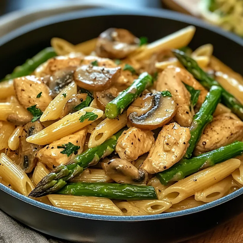 A plate of food with chicken, mushrooms, and asparagus.