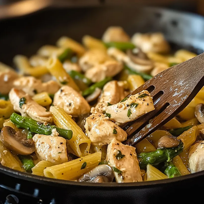 A delicious one-pan chicken penne with asparagus and mushrooms.
