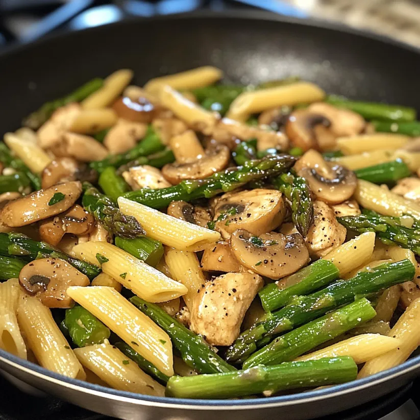 A delicious one-pan chicken penne with asparagus and mushrooms.
