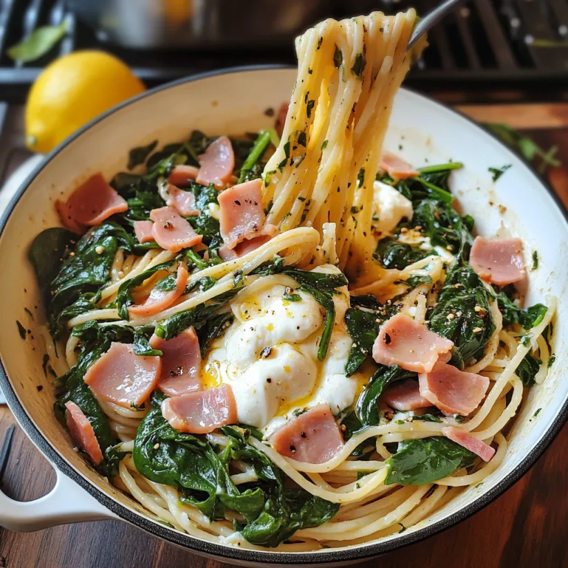 A bowl of spaghetti with ham, spinach, and burrata cheese.