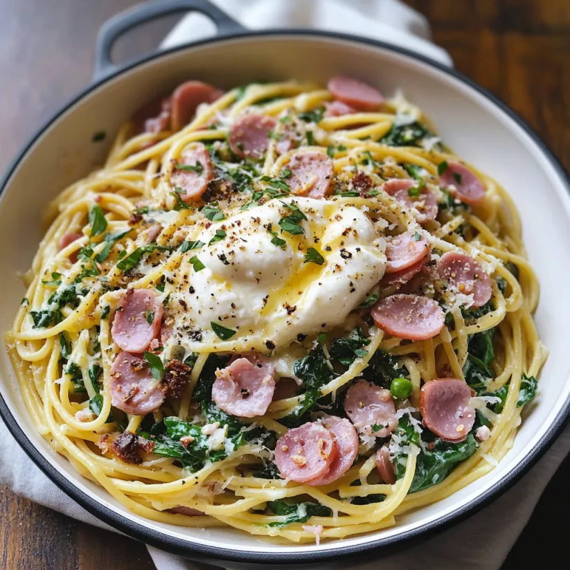A bowl of spaghetti with ham, spinach, and burrata cheese.