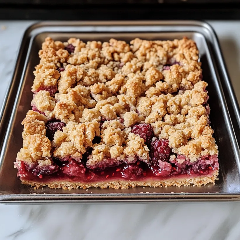 A pan of raspberry crumble bars.