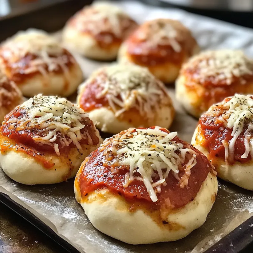A tray of pizza bombs with cheese and sauce.