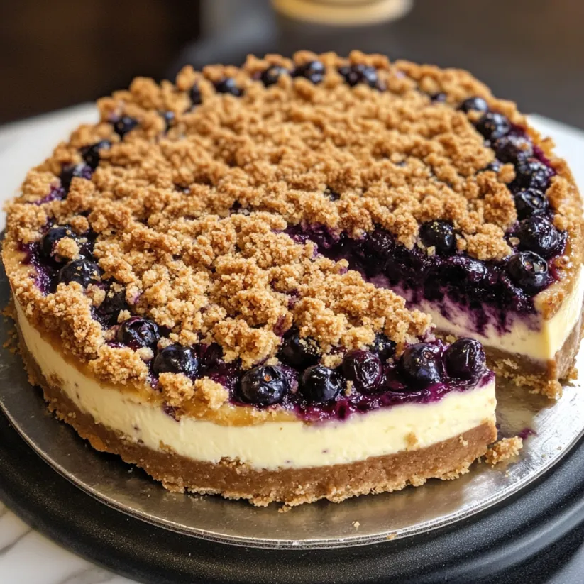 A slice of blueberry crumble cheesecake.