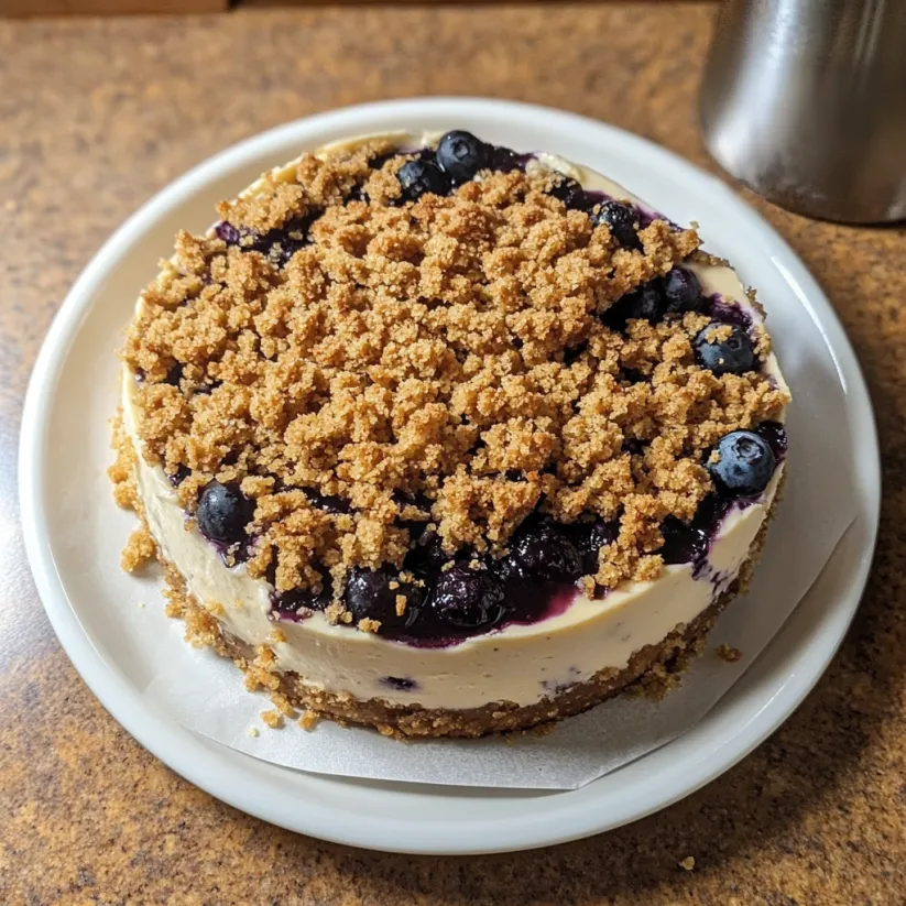 A slice of blueberry crumble cheesecake.