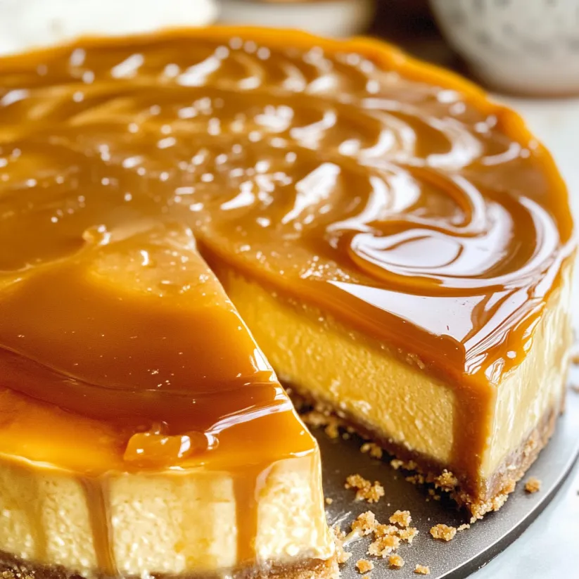 A slice of creamy caramel cheesecake.