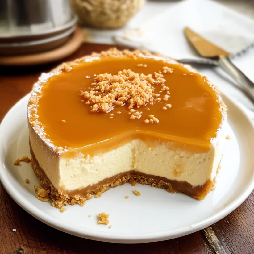 A slice of creamy caramel cheesecake.