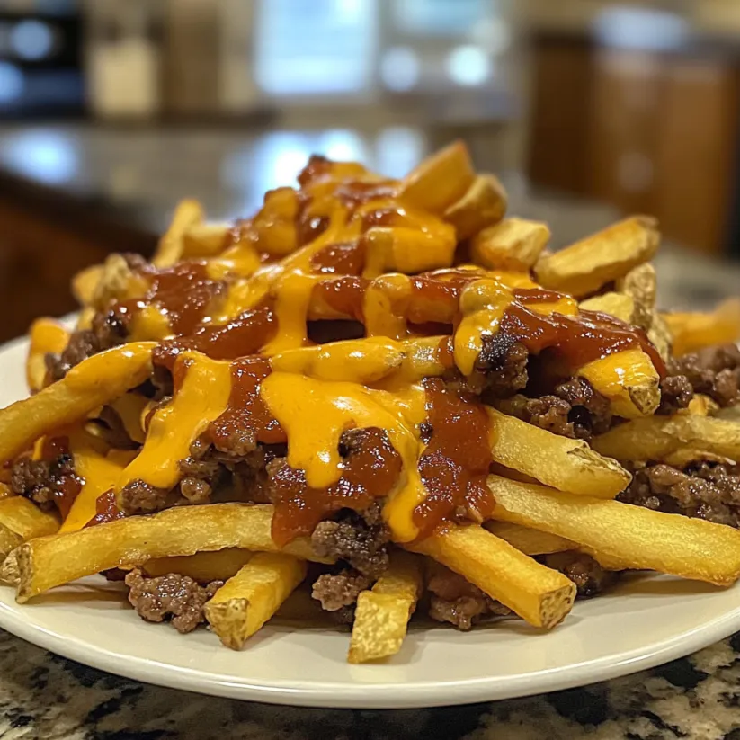 A plate of french fries with cheese and ketchup.