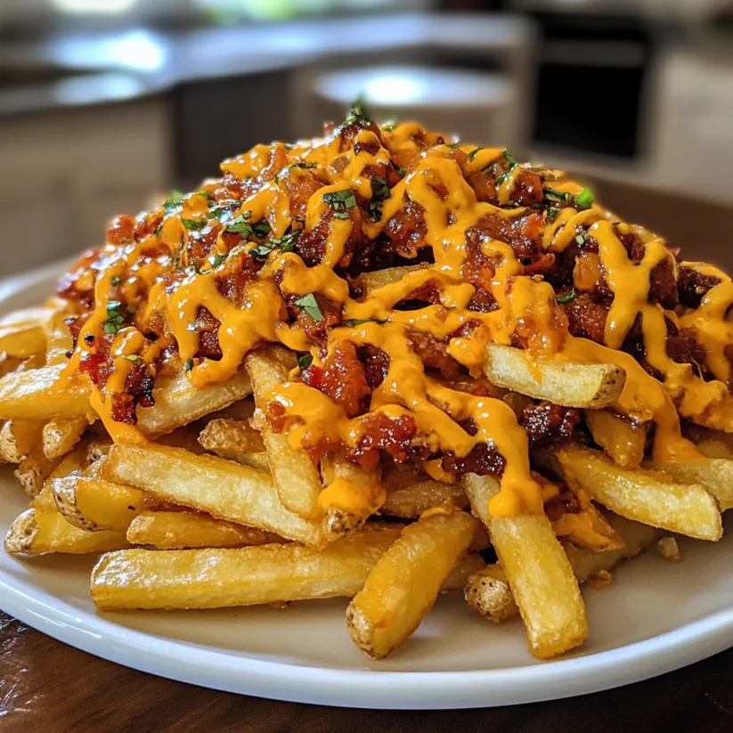 A plate of fries with cheese and bacon on top.