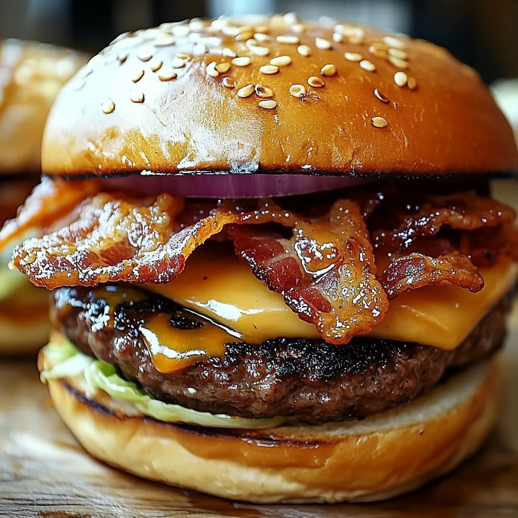 A close up of a burger with bacon on top.