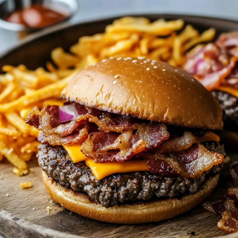 A burger with bacon on top.