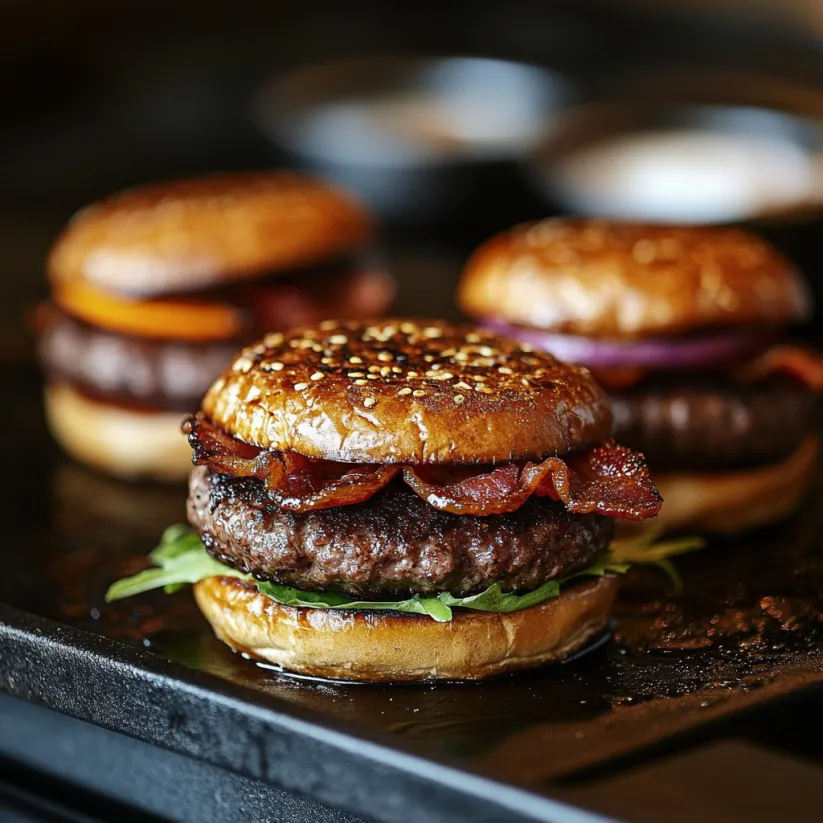 Crispy bacon burgers on a grill.