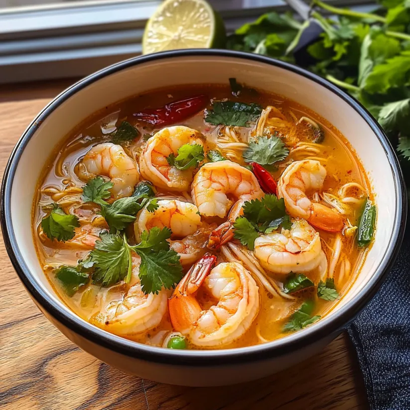 A bowl of Thai Shrimp Soup with a lemon wedge on the side.