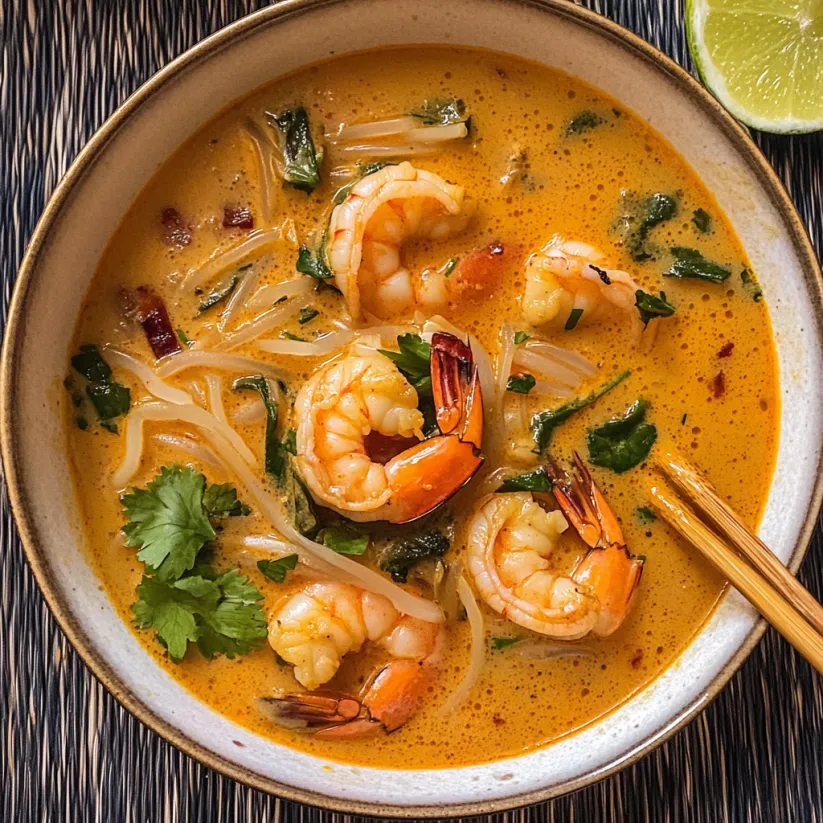 A bowl of Thai Shrimp Soup with chopsticks.