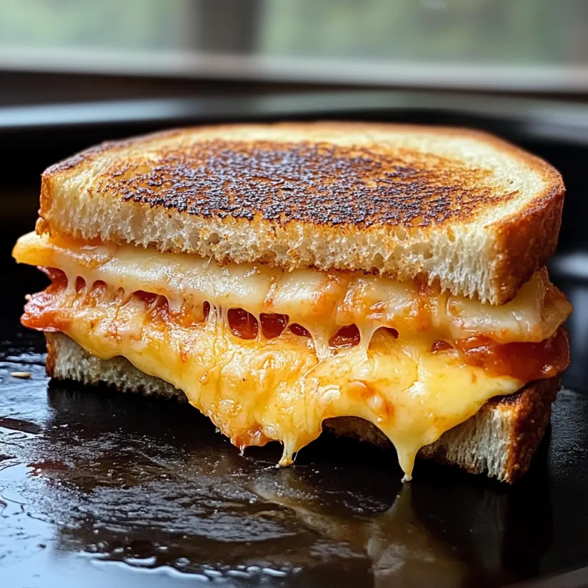 A grilled cheese sandwich with pizza on top.