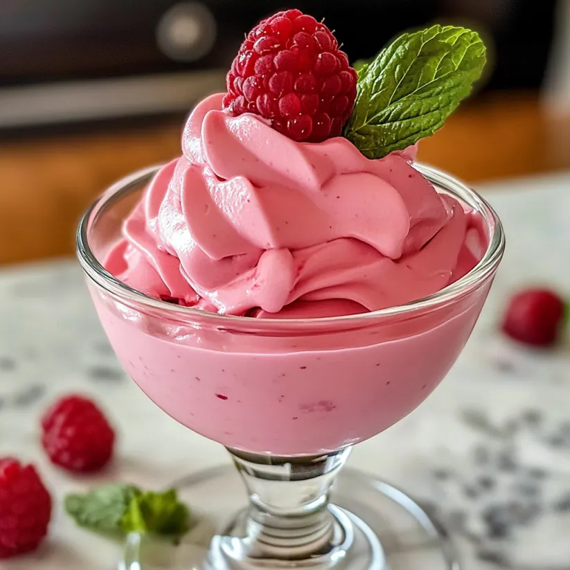 A glass of pink raspberry mousse.