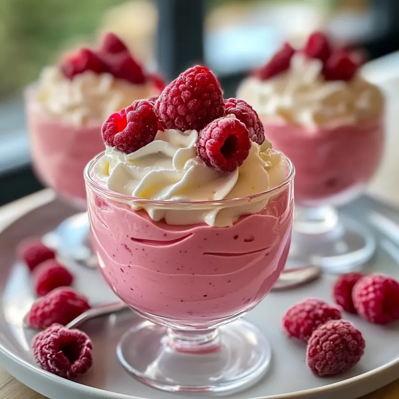 A glass of pink raspberry mousse.
