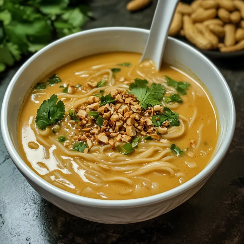 A bowl of soup with noodles, peanuts, and vegetables.
