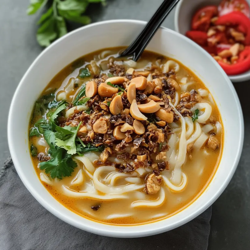 A bowl of soup with noodles, peanuts, and vegetables.