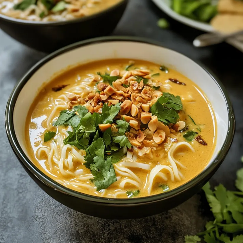 A bowl of soup with noodles and peanuts.