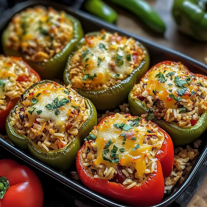 A dish of stuffed bell peppers with rice.