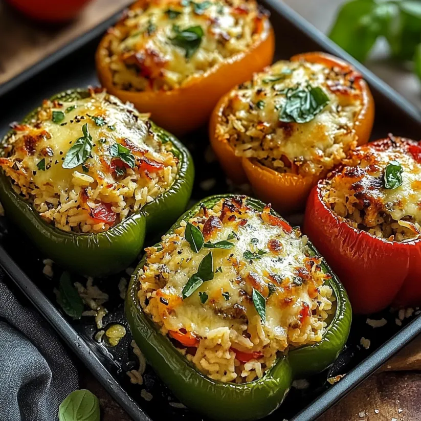 A dish of stuffed bell peppers with rice.