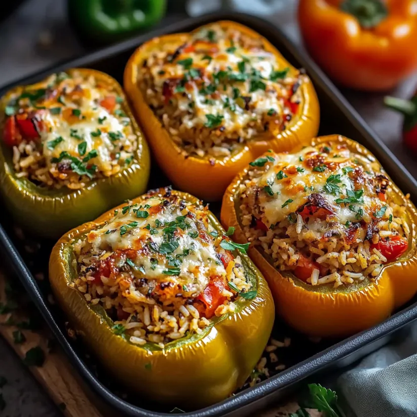A dish of stuffed bell peppers with rice.