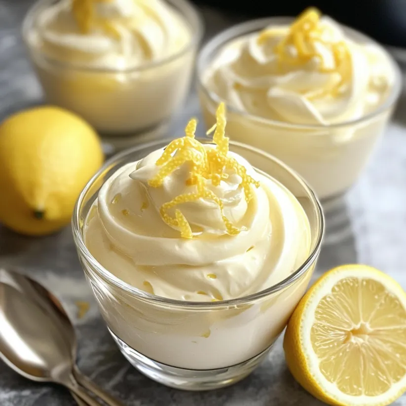 A bowl of lemon mousse with a lemon wedge on the side.