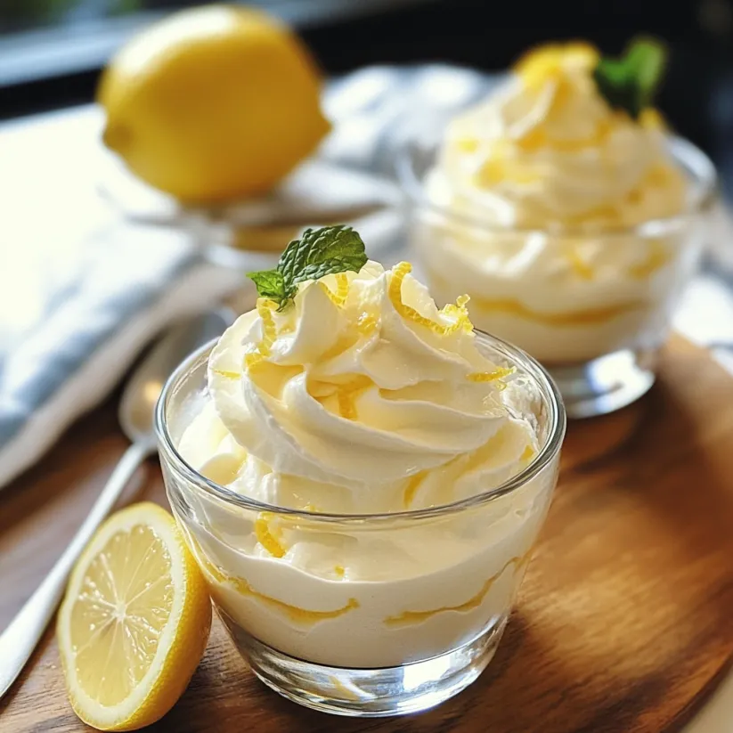 A glass of lemon mousse with a lemon on the side.
