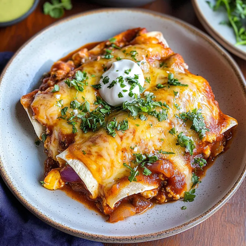 A plate of vegetarian enchiladas with a dollop of sour cream on top.