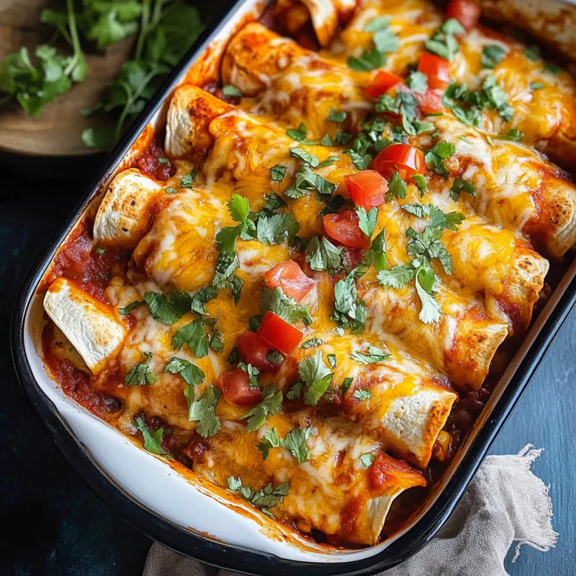A dish of vegetarian enchiladas with tomatoes and cheese.