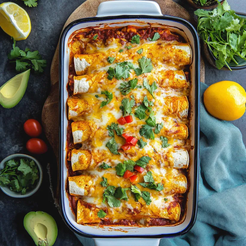 A dish of vegetarian enchiladas with a variety of toppings.