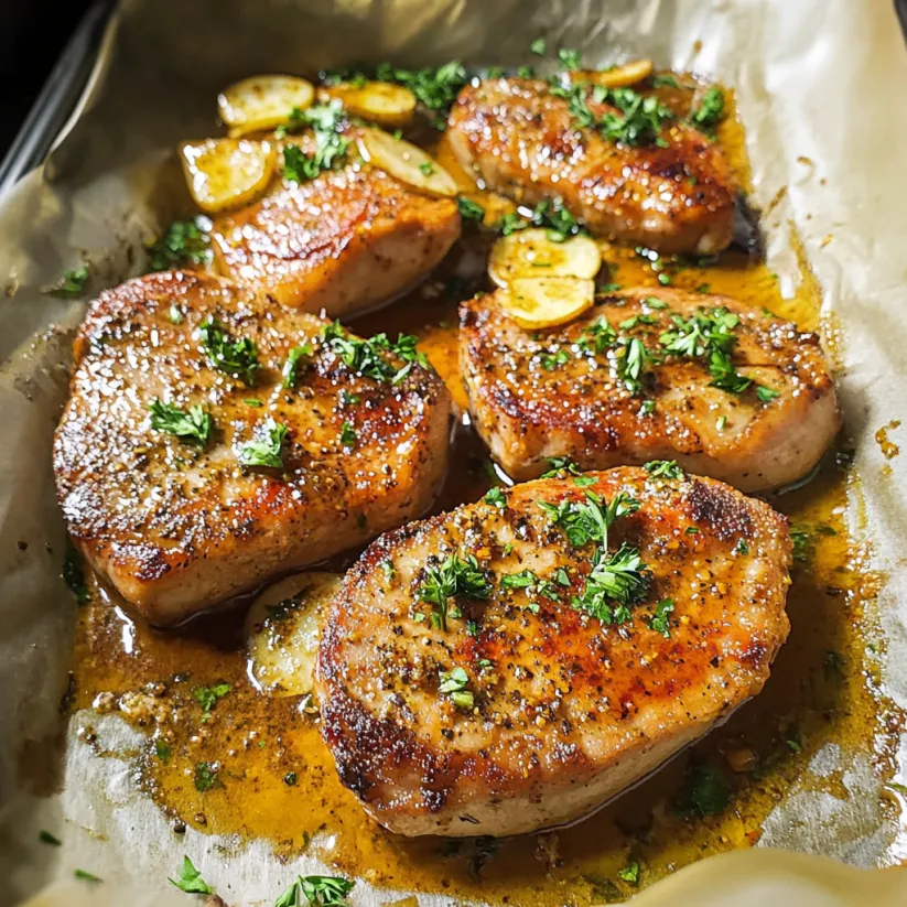 Baked pork chops with herbs and spices.